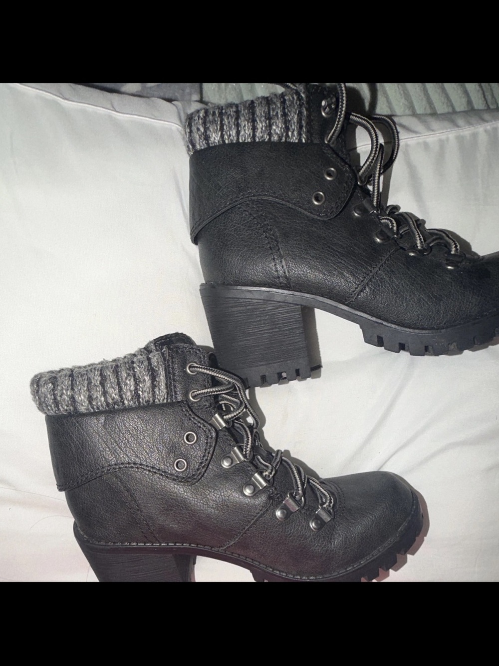 UNIONBAY Black Knit-Cuff Lace-Up Heeled Ankle Boots